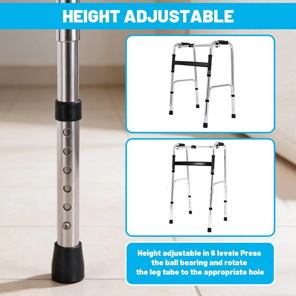 Andador ligero, con bisagras, plegable sin ruedas, altura ajustable, para personas mayores, de aluminio, antideslizante, asas ergonómicas (plata, 4 pies de goma)