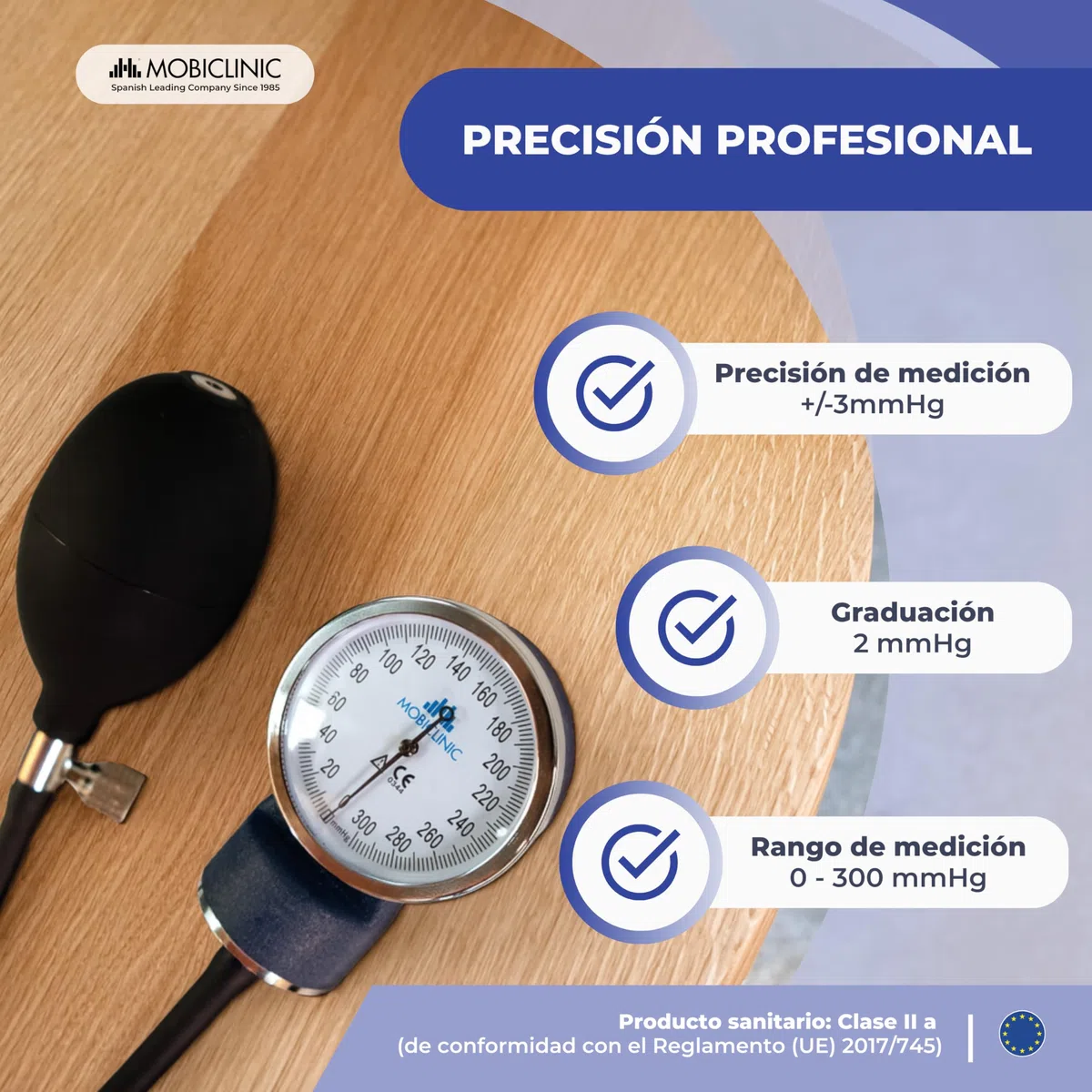 Mobiclinic, Tensiómetro de brazo, Doble salida, Incluye estuche, Medidor tensión aneroide, Medición presión arterial, Marca española, Precisión, Bomba goma, Ligero, Fácil usar, Azul