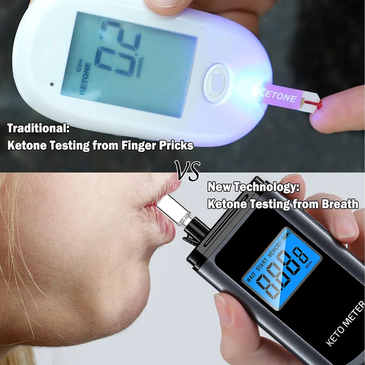 Medidor de cetonas para respirar cetonas, medidor de aliento profesional de cetosis, portátil, recargable, con 10 boquillas intercambiables para pruebas de cetosis (negro)