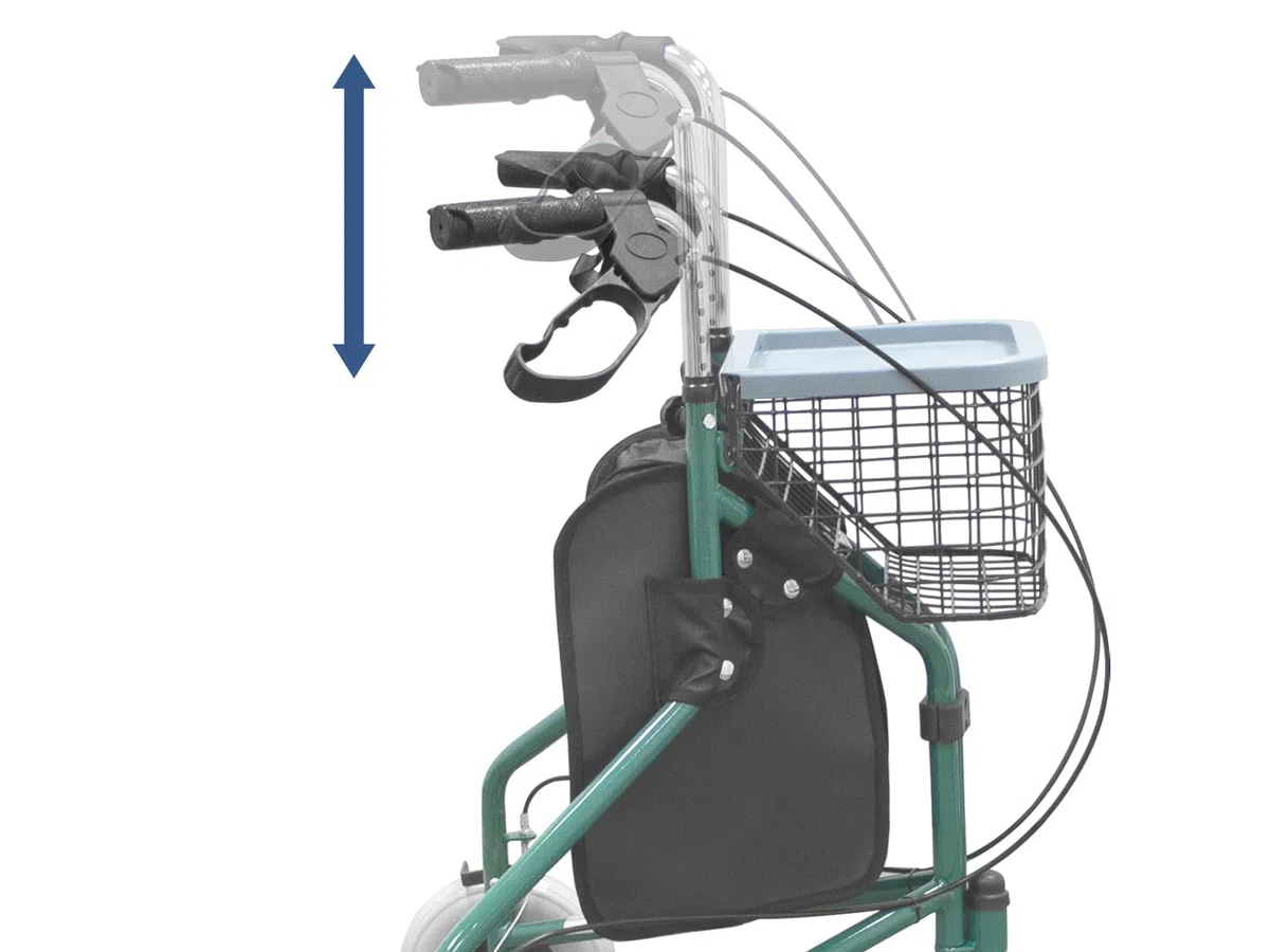 QUIRUMED Andador plegable de 3 ruedas, Con canasto y mochila, Frenos en las manetas, Regulable en altura, Color verde, Para mayores, Para minusválidos, Ligero