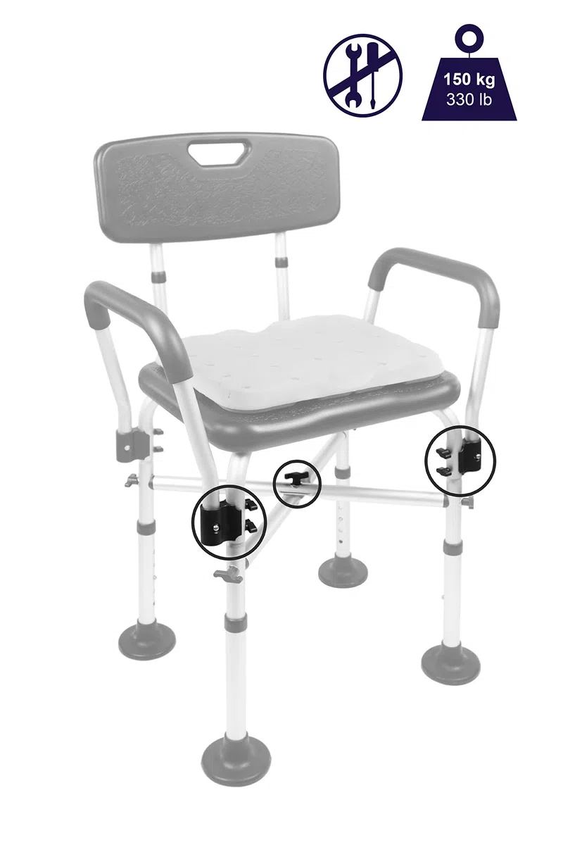 KMINA Silla Ducha Reposabrazos 150 kg Altura Regulable Cojín Espuma Montaje sin Herramientas Fabricado España Negro
