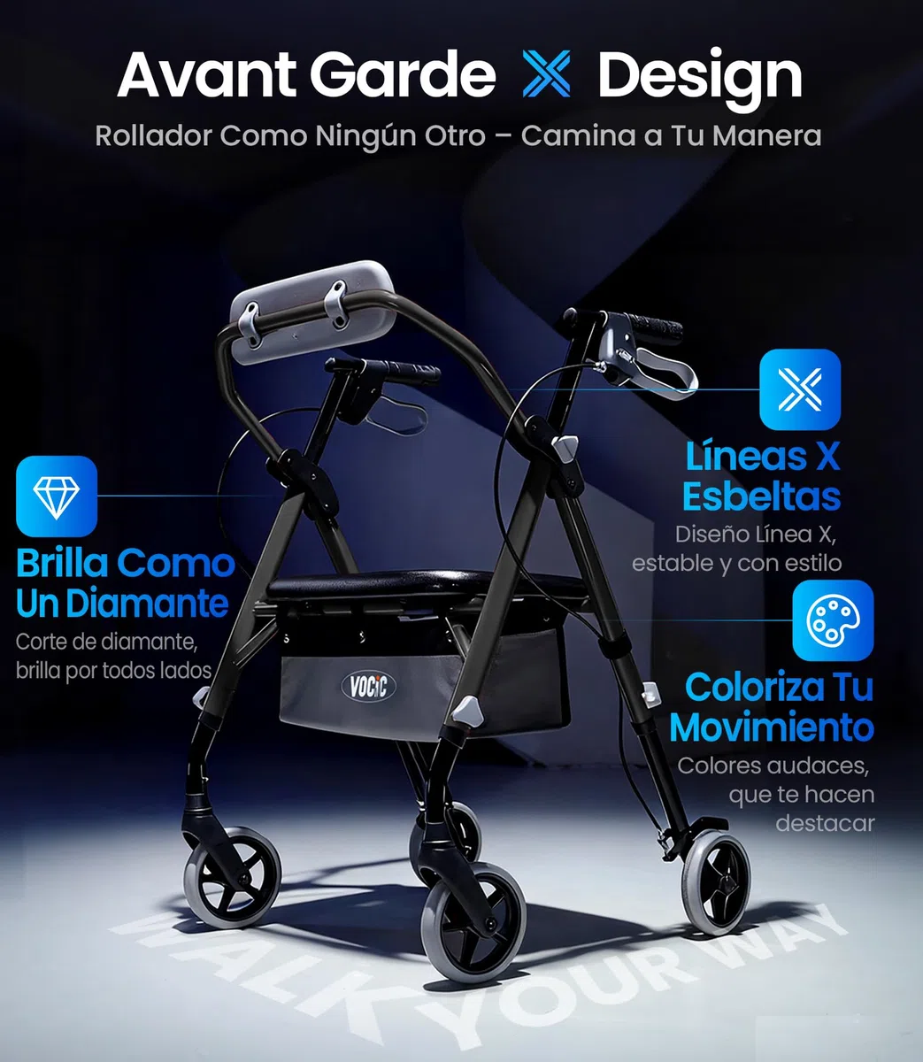 VOCIC Z11 Andador para ancianos, máx 172 kg, andador estrecho para apartamento, andador con ruedas & asiento,andador adultos & plegable,Asiento y respaldo ergonómicos, Asa de altura ajustable,Ébano